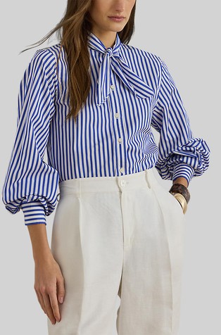 Striped Cotton Broadcloth Tie-neck Shirt