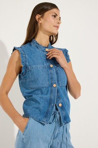 Denim sleeveless blouse with ruffles