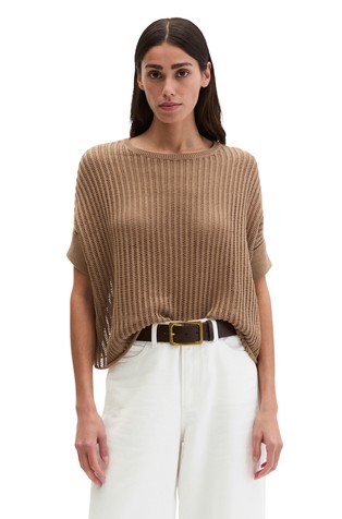 Loose fit pleten pulover kratkih rukava od pamuka i lana