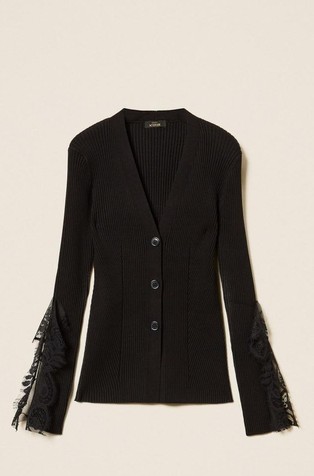 Fitted knit cardigan with lace inserts