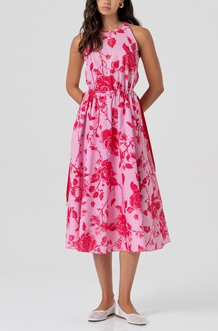 Cotton and linen midi dress with flowery pattern