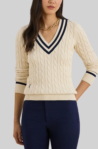 Pleten pamučni pulover s prugastim detaljima