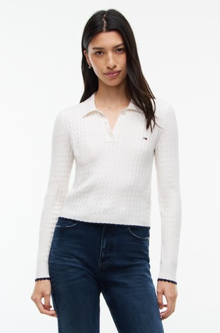 Slim fit pleten pulover s polo ovratnikom i uzorkom lanca