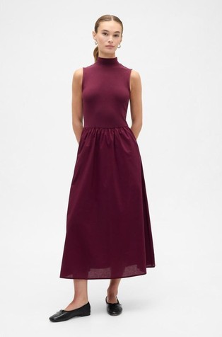 Midi Poplin Mock Neck Dress