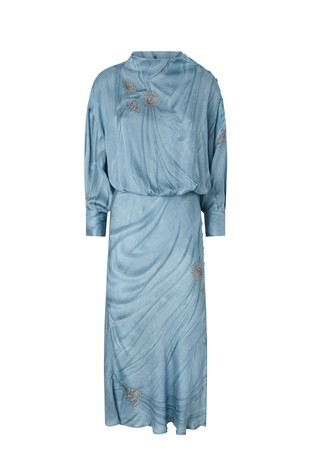 Satin midi dress with placed jewel print