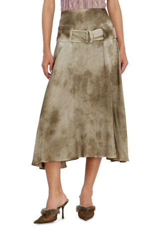 Belted midi skirt in logo-jacquard satin