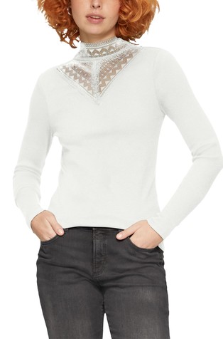 Rebrasta majica s čipkastim umetkom i uzdignutim ovratnikom