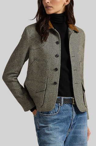 Sako s uzorkom riblje kosti i ovratnikom od brušene kože