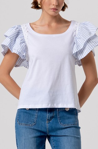 Regular fit jersey majica s kontrastnim rukavima s volanima