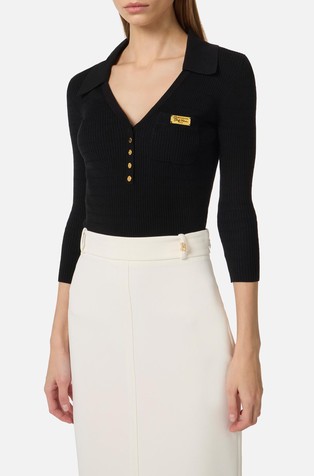 Slim fit rebrasta pletena polo majica s 3/4 rukavima