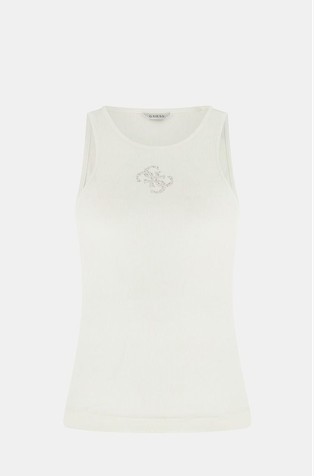 Rib-knit top with rhinestoned logo