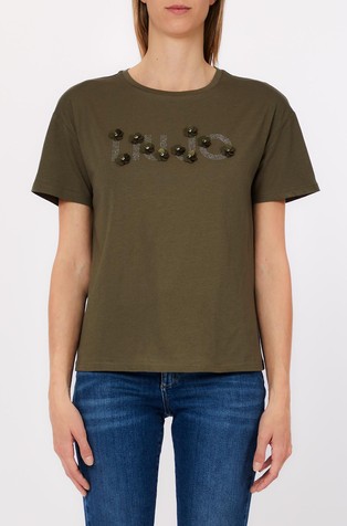 T-shirt with logo and rhinestones appliqués