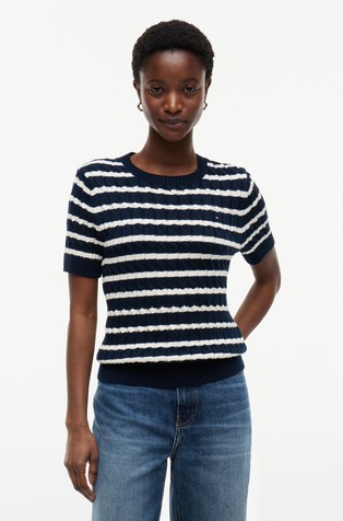Short-sleeved cotton knit sweater