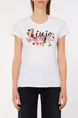 Printed cotton T-shirt with rhinestones