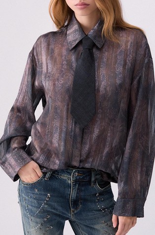 Sheer shirt with digital print and tie