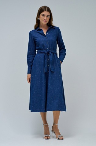 Denim košulja-haljina s ukrasnim kamenčićima
