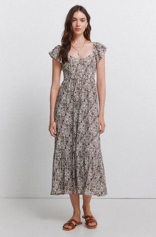 Paisley print deep neck midi dress