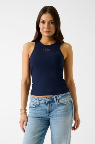 Rib-knit top with rhinestoned logo