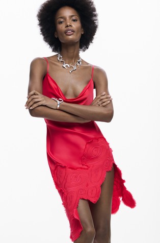 Asymmetric satin dress with lace