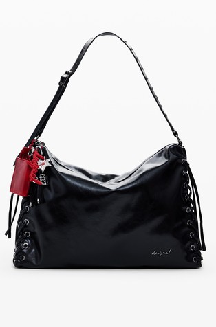 Faux-leather shiny large bag with eyelets