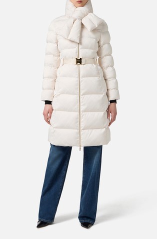 Duga prošivena jakna s remenom i uklonjivim šalom