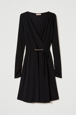 Short wrap-around neck dress with logo belt