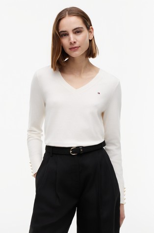 Gold-Tone Button Cuff V-Neck Jumper