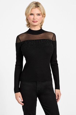 Pleten pulover s prozirnim umetkom i ukrasnim kamenčićima