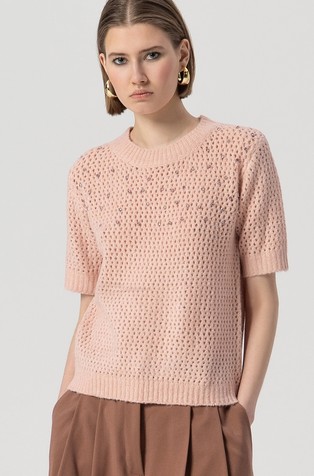 Rupičasto pleten pulover kratkih rukava s ukrasnim kamenčićima