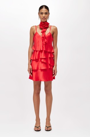 Short satin dress with ruffles and removable rose detail