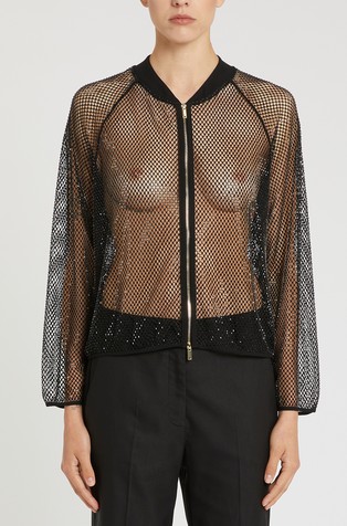 Rhinestone mesh blouson jacket