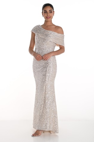 Duga večernja haljina s otkrivenim ramenima i šljokicama
