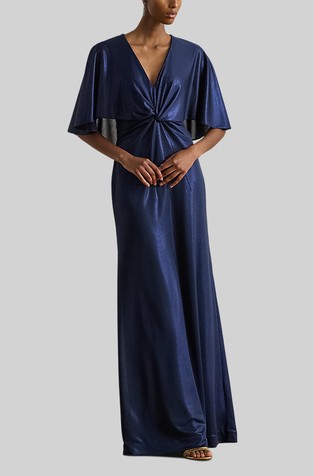 Metallic Jersey Cape Gown