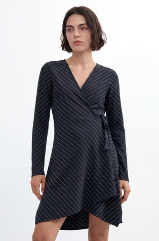 Long sleeved wrap dress with striped pattern