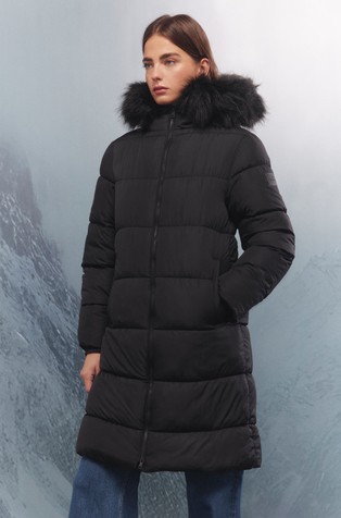 Padded coat with hood and faux-fur