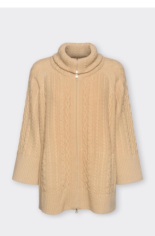 High-neck wool cardigan with cable knit