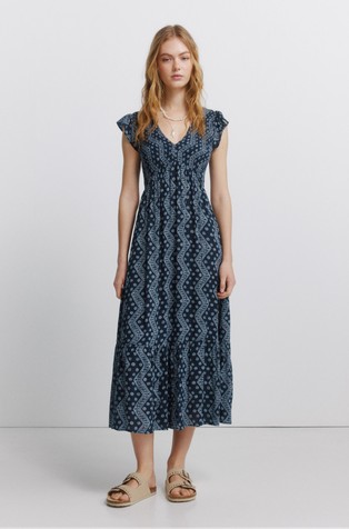Printed long dress with flounce