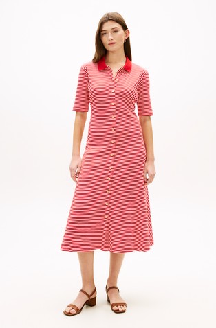 Prugasta midi haljina kratkih rukava s polo ovratnikom