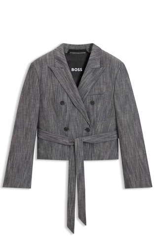 Cropped sako s trakom za vezanje i meliranim uzorkom