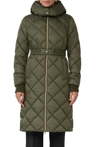 Padded quilted coat with detachable hood belt