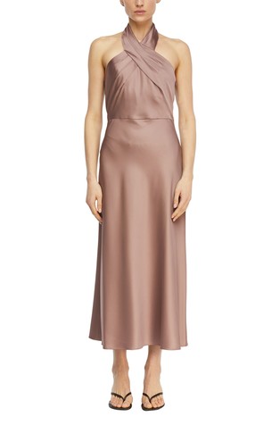 Midi satin dress with halterneck