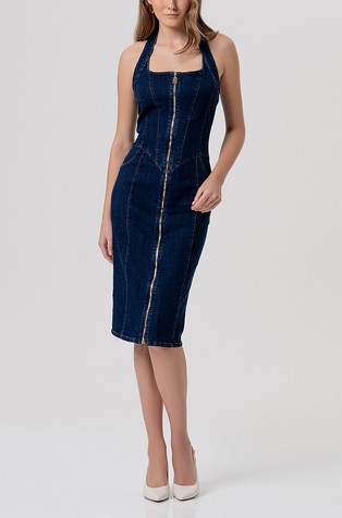 Open shoulders denim dress slim fit with zip