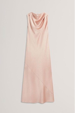 High Cowl Neck Satin Midi Dress