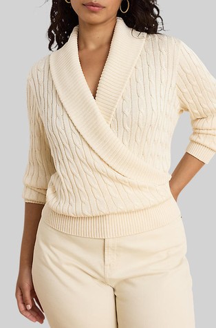 Cable Cotton-blend Shawl-collar Sweater