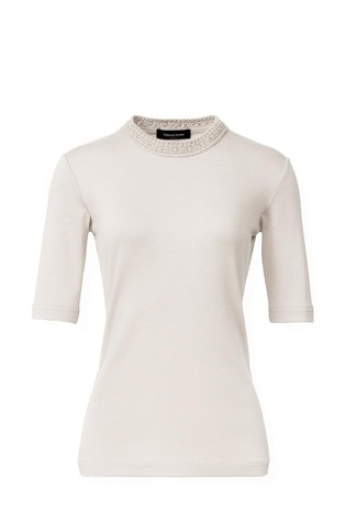 Ribbed cotton T-shirt with macrame' collar