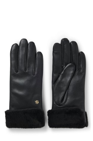 Leather gloves with faux-fur cuff