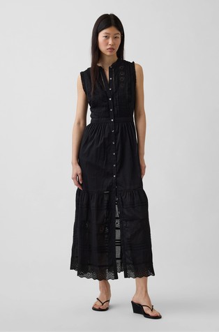 Lace-Trim Tiered Midi Shirtdress