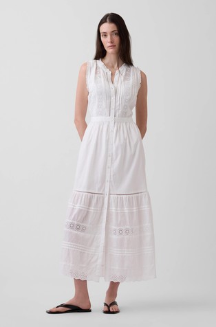 Lace-Trim Tiered Midi Shirtdress