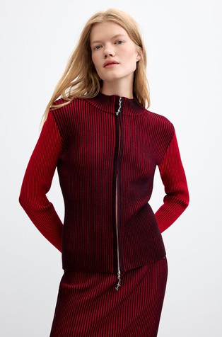 Ribbed knit logo zip cardigan
