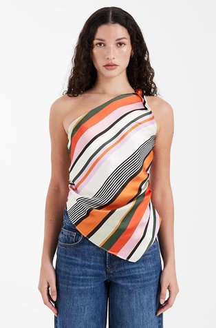 TSLENE satin stripe one shoulder top